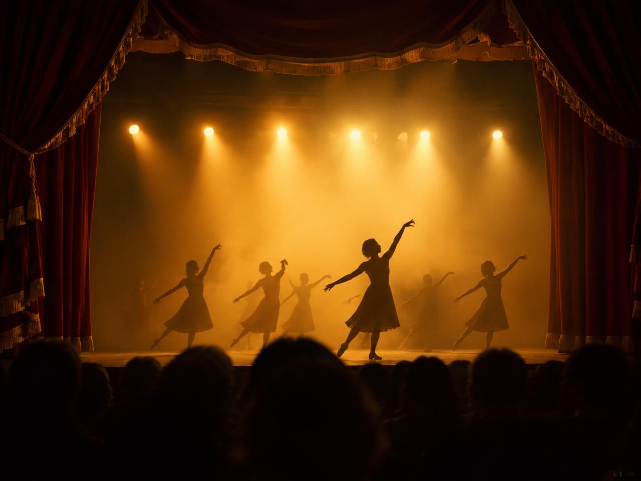 Silhuetas de bailarinos em palco iluminado