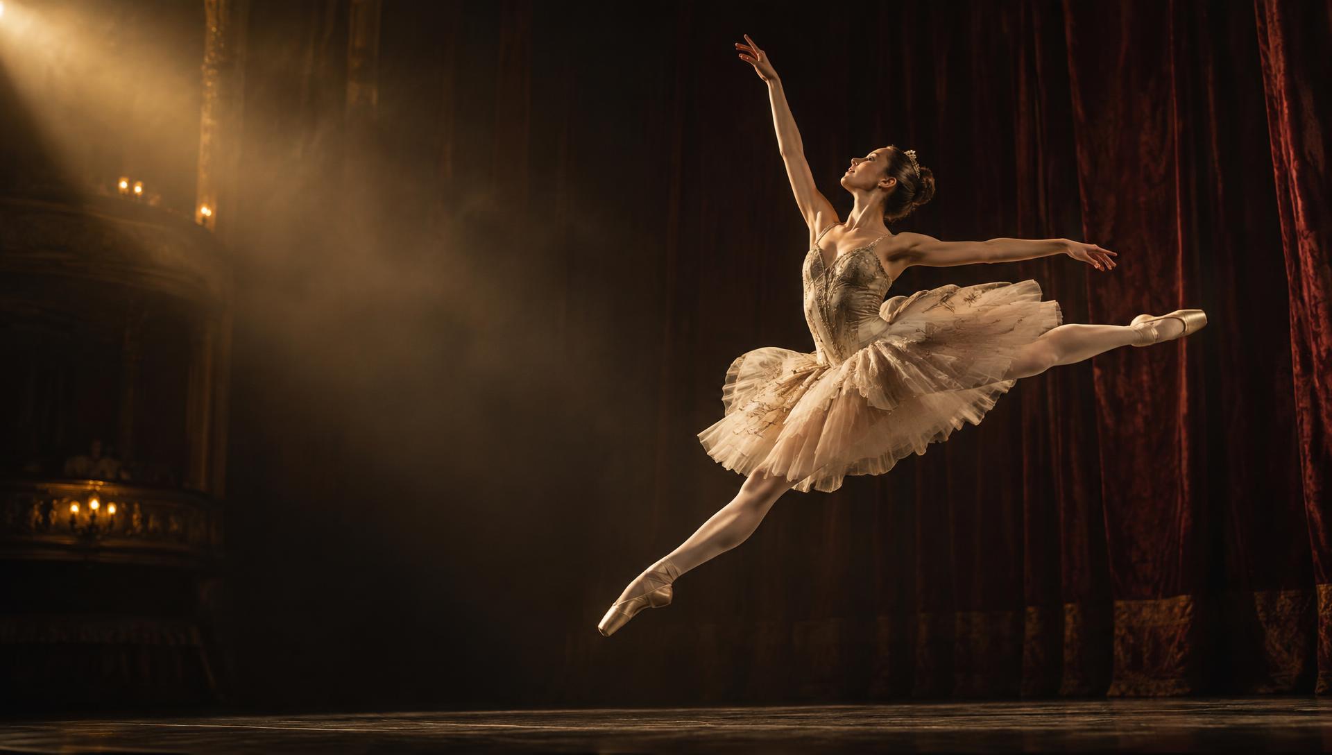 Bailarina em grand jeté sobre o palco, com cortinas bordô ao fundo